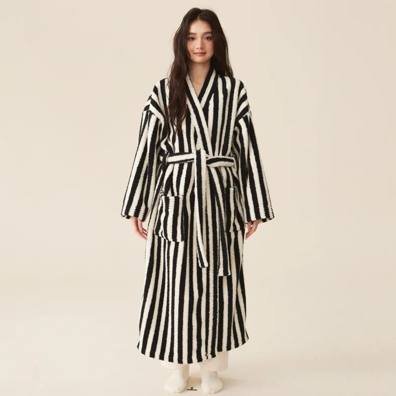 Thickened Flannel Robe Pants Pajamas Set Striped Coral Velvet Couples Bathrobe Winter Homewear 9