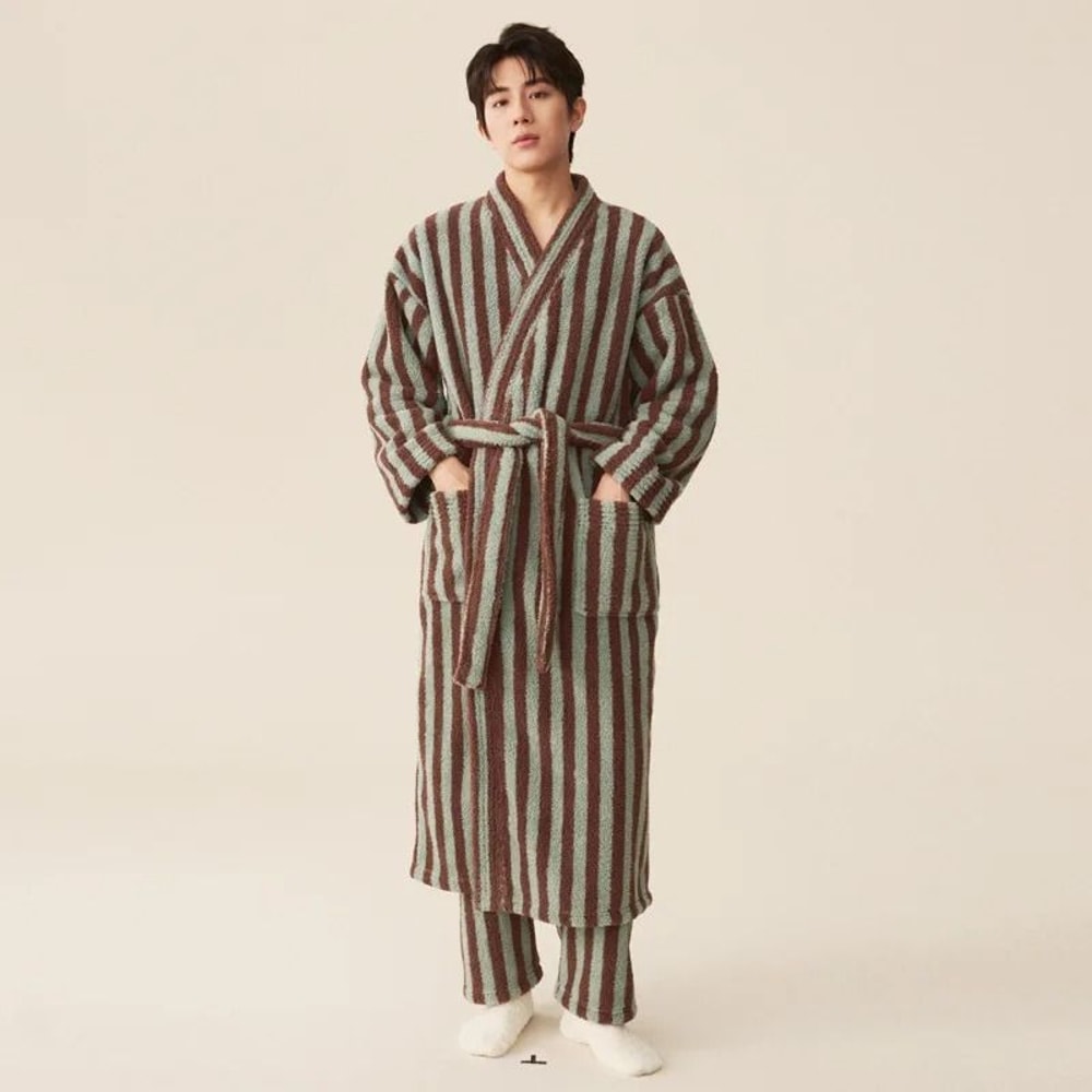 Thickened Flannel Robe Pants Pajamas Set Striped Coral Velvet Couples Bathrobe Winter Homewear 11