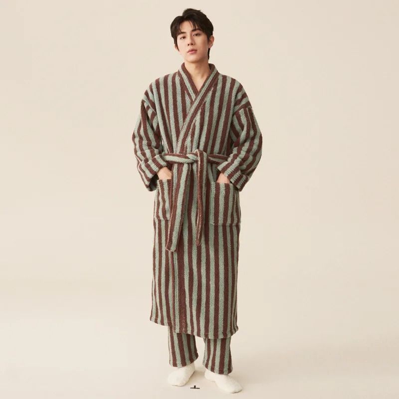 Thickened Flannel Robe Pants Pajamas Set Striped Coral Velvet Couples Bathrobe Winter Homewear 11
