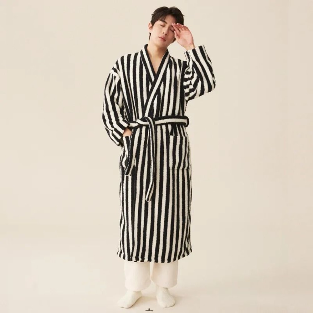 Thickened Flannel Robe Pants Pajamas Set Striped Coral Velvet Couples Bathrobe Winter Homewear 21