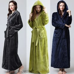 extra long winter coral fleece bathrobe – hooded warm kimono & cozy shower robe for women