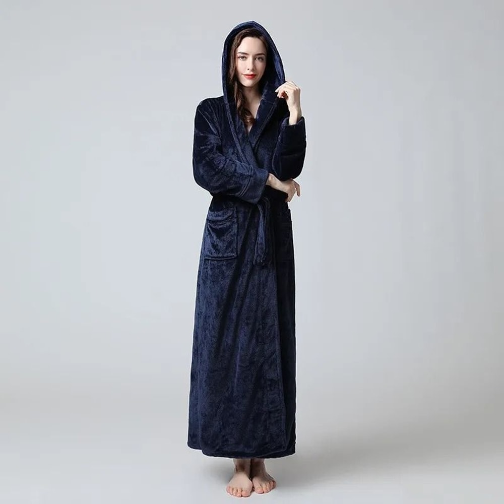 Extra Long Winter Coral Fleece Bathrobe Hooded Warm Kimono Cozy Shower Robe For Women 9