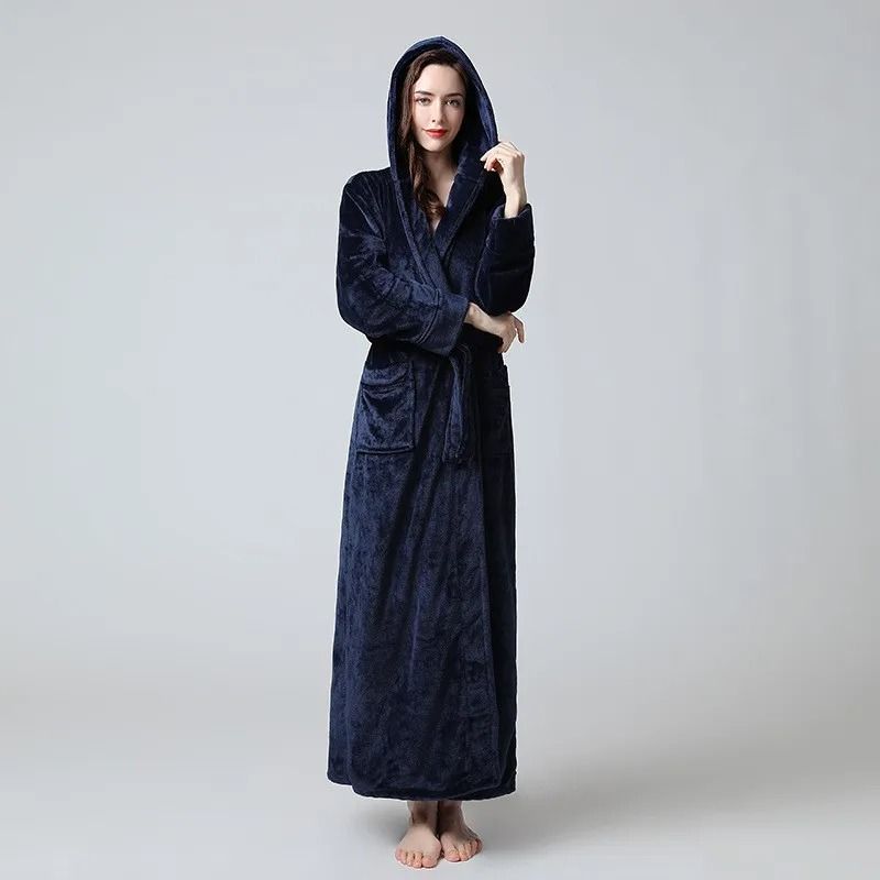 Extra Long Winter Coral Fleece Bathrobe Hooded Warm Kimono Cozy Shower Robe For Women 9