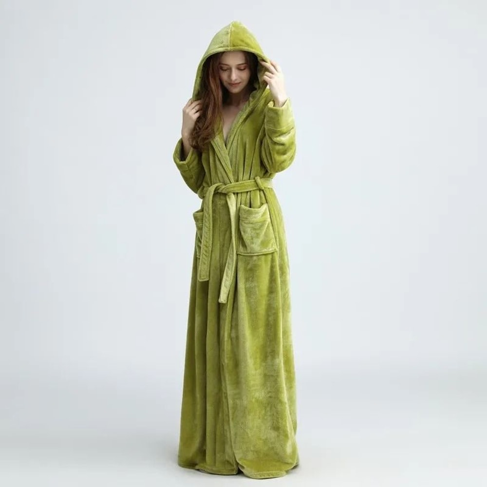Extra Long Winter Coral Fleece Bathrobe Hooded Warm Kimono Cozy Shower Robe For Women 11