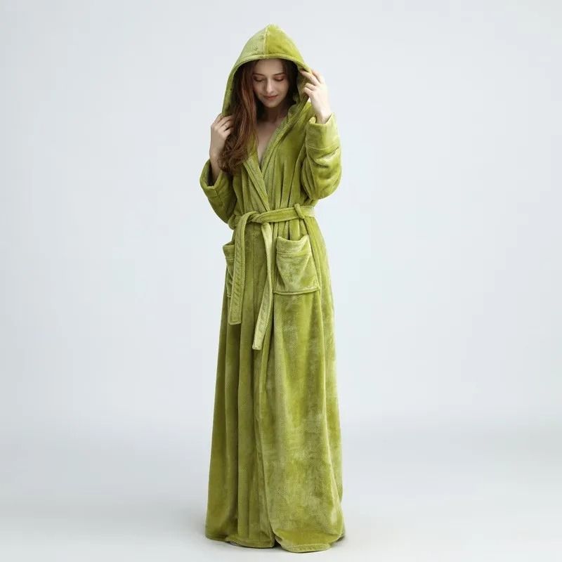 Extra Long Winter Coral Fleece Bathrobe Hooded Warm Kimono Cozy Shower Robe For Women 11