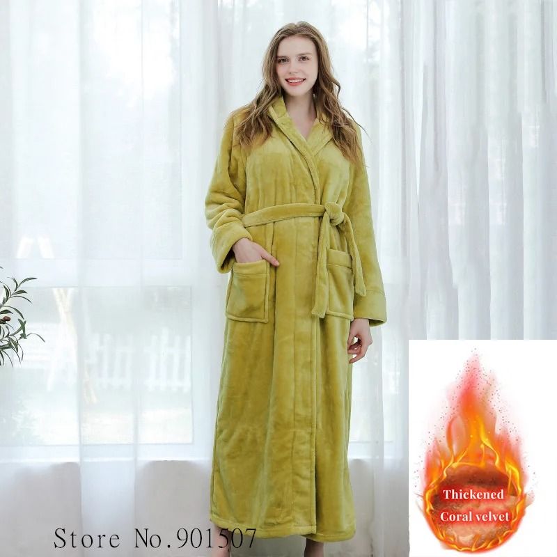 Extra Long Winter Coral Fleece Bathrobe Hooded Warm Kimono Cozy Shower Robe For Women 1