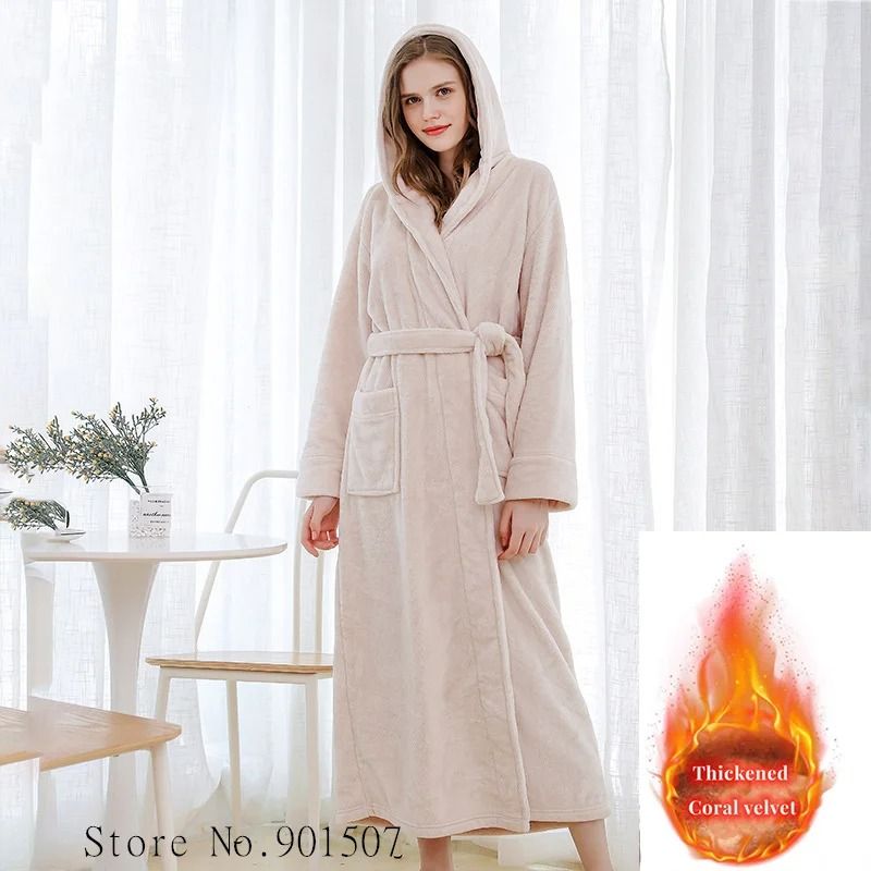 Extra Long Winter Coral Fleece Bathrobe Hooded Warm Kimono Cozy Shower Robe For Women 3