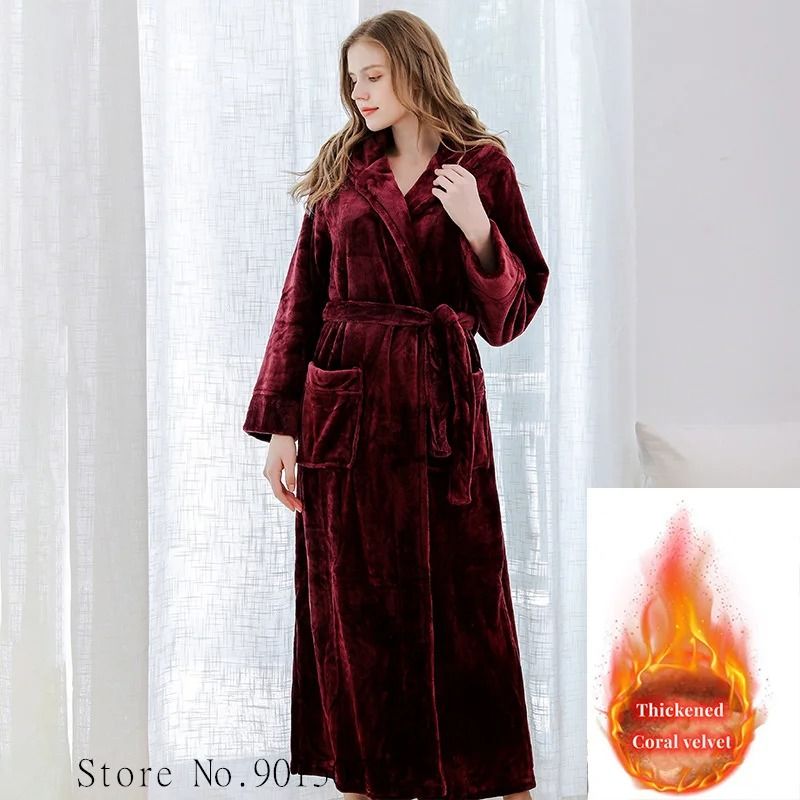 Extra Long Winter Coral Fleece Bathrobe Hooded Warm Kimono Cozy Shower Robe For Women 4