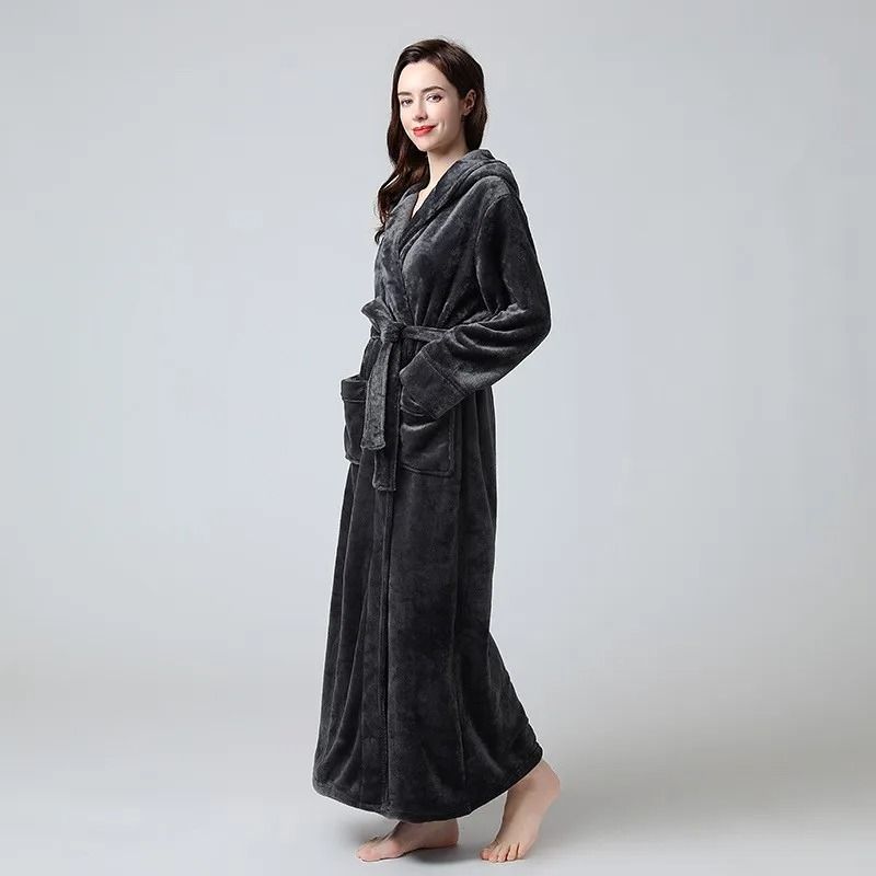 Extra Long Winter Coral Fleece Bathrobe Hooded Warm Kimono Cozy Shower Robe For Women 7