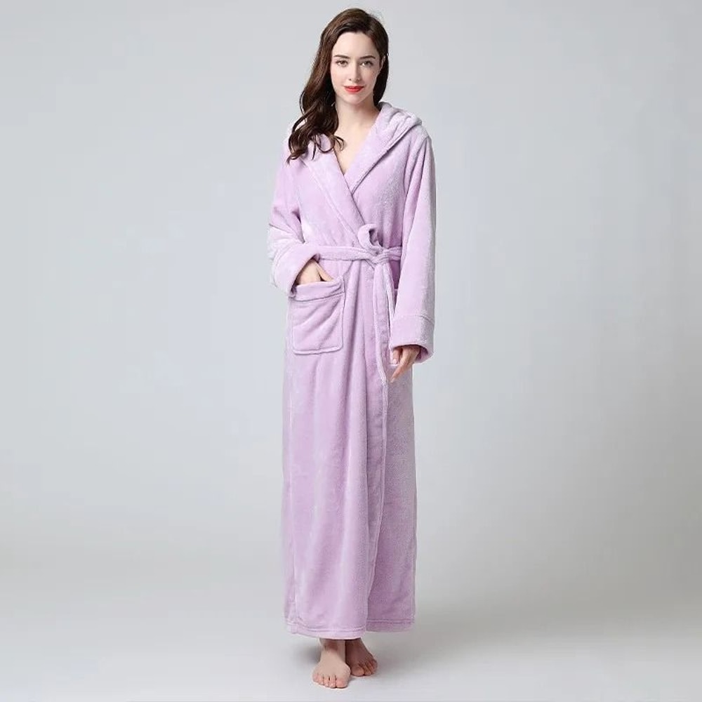 Extra Long Winter Coral Fleece Bathrobe Hooded Warm Kimono Cozy Shower Robe For Women 8