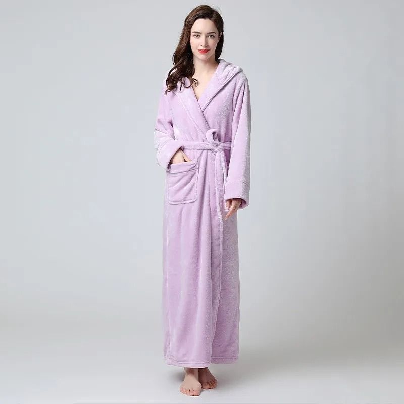 Extra Long Winter Coral Fleece Bathrobe Hooded Warm Kimono Cozy Shower Robe For Women 8