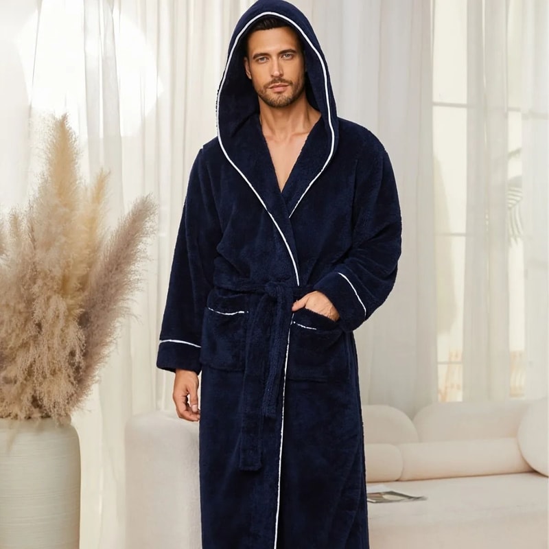 Luxury Cotton Flannel Couples Bathrobe Warm Open Weave Winter Sleepwear Comfort Nightwear 3