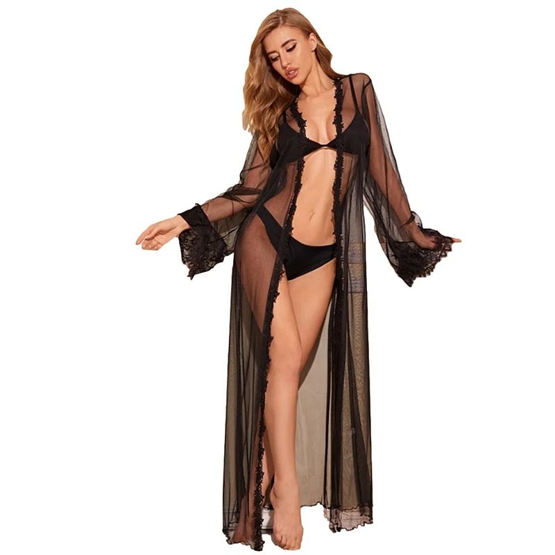 Womens Long Lace Sheer Nightgown White Bridesmaid Robe Sensual Kimono Bride Lingerie 9