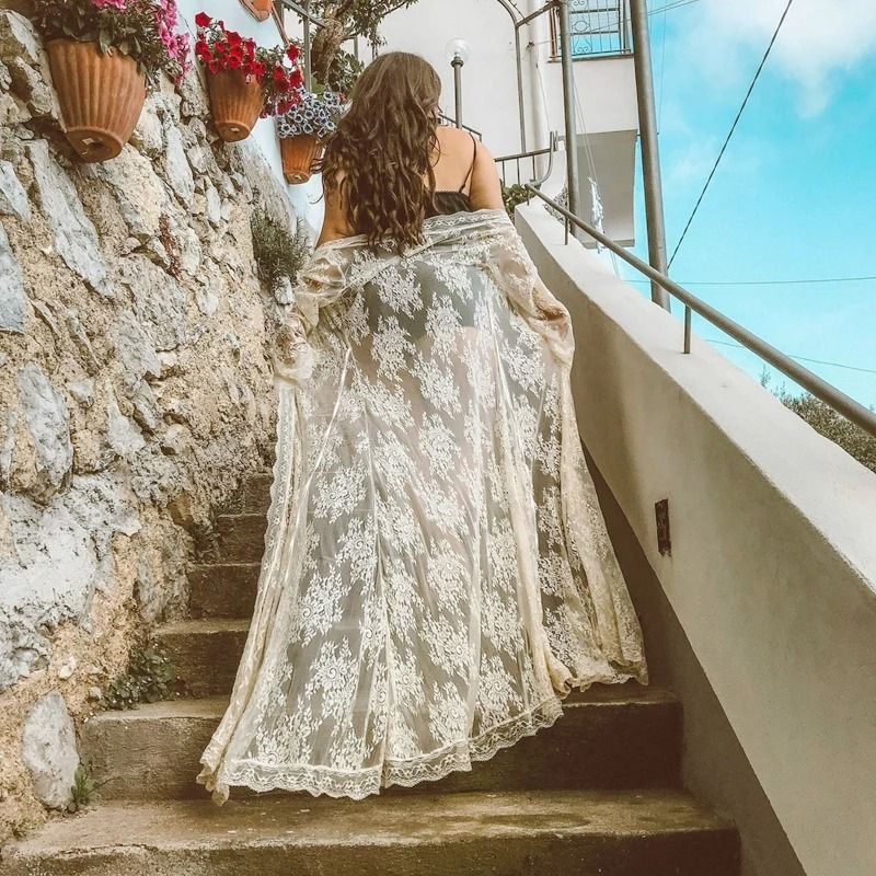 Womens Long Lace Sheer Nightgown White Bridesmaid Robe Sensual Kimono Bride Lingerie 3