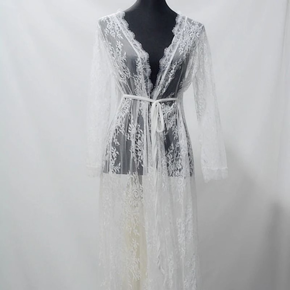 Womens Long Lace Sheer Nightgown White Bridesmaid Robe Sensual Kimono Bride Lingerie 4