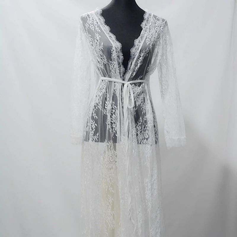 Womens Long Lace Sheer Nightgown White Bridesmaid Robe Sensual Kimono Bride Lingerie 4