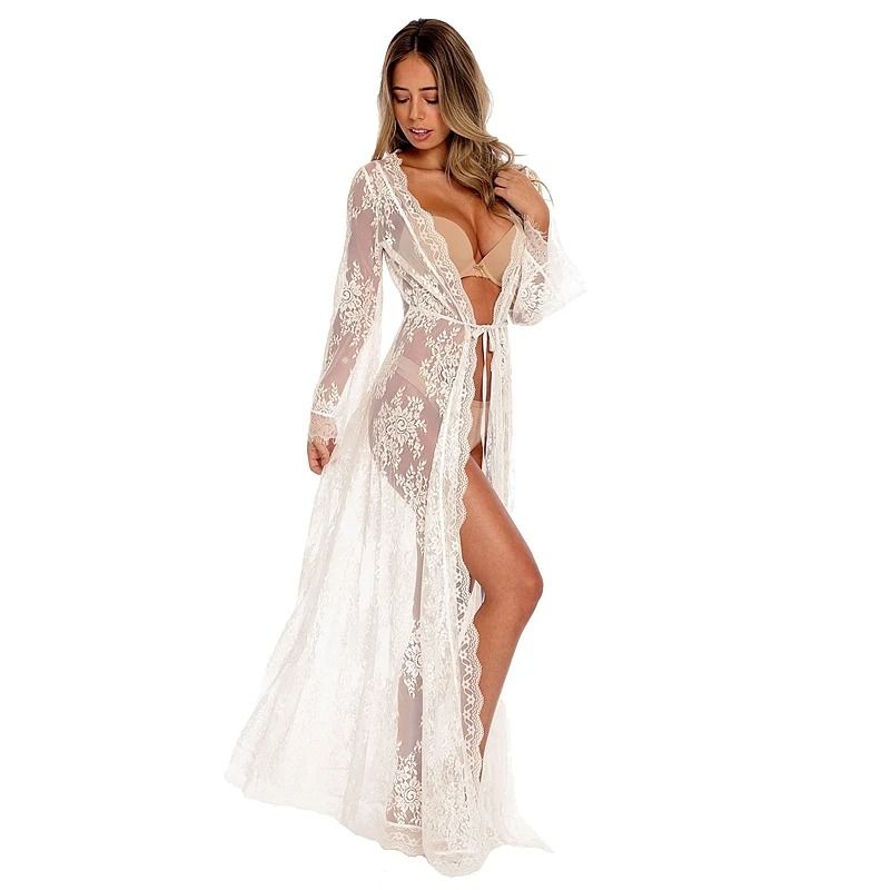 Womens Long Lace Sheer Nightgown White Bridesmaid Robe Sensual Kimono Bride Lingerie 6