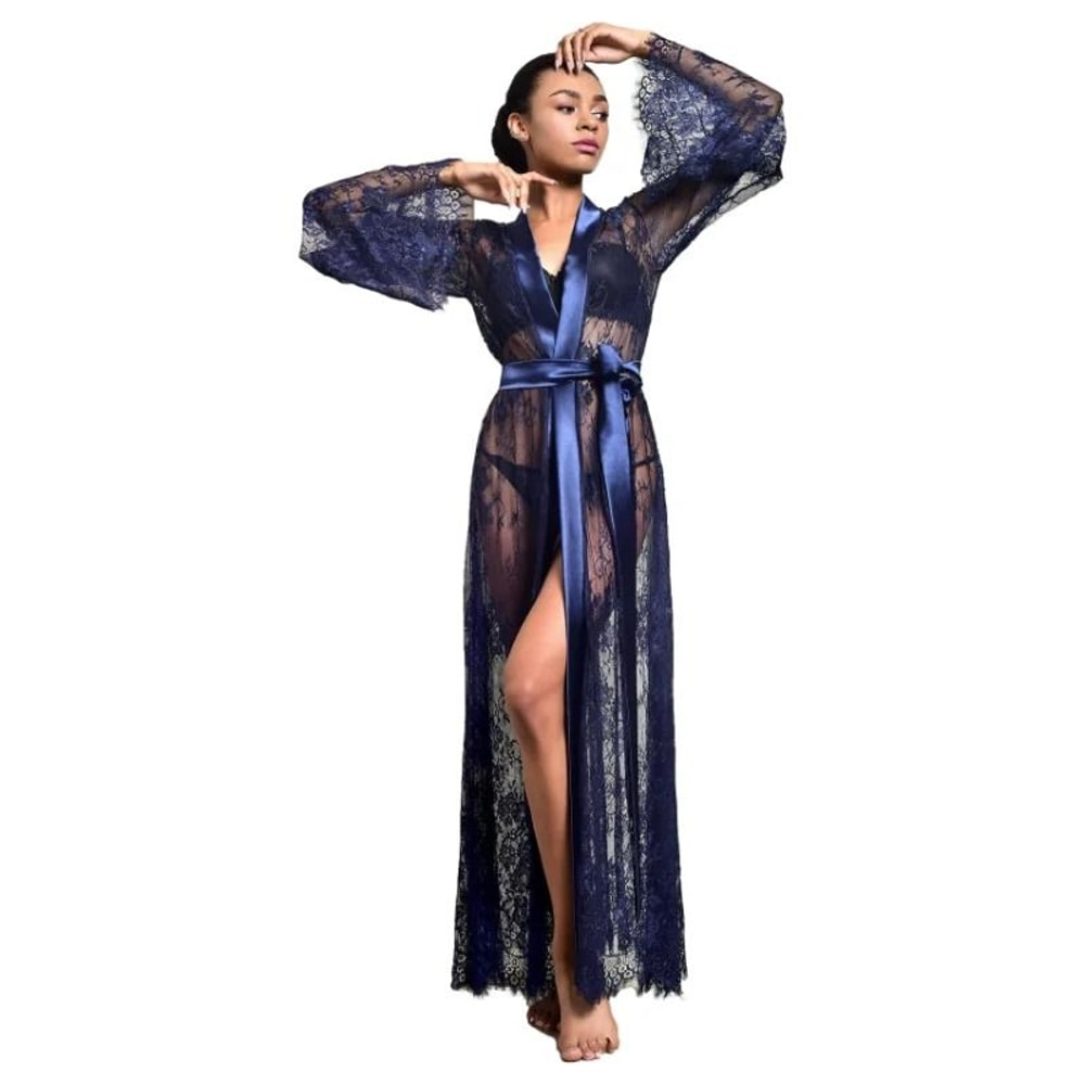 Womens Long Lace Sheer Nightgown White Bridesmaid Robe Sensual Kimono Bride Lingerie 12