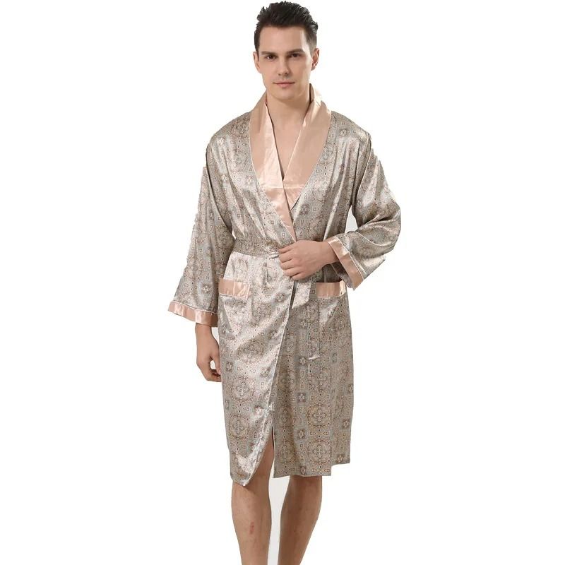 Plus Size Mens Navy Blue Stripe Kimono Summer Satin Bathrobe Luxury Home Lounge Wear 11