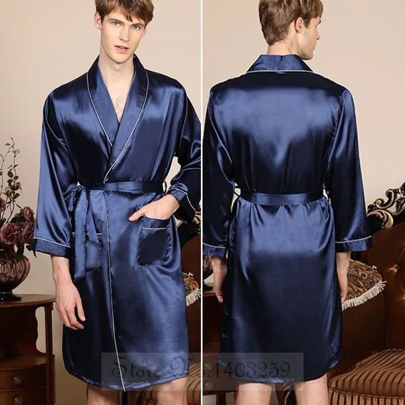 Plus Size Mens Navy Blue Stripe Kimono Summer Satin Bathrobe Luxury Home Lounge Wear 2
