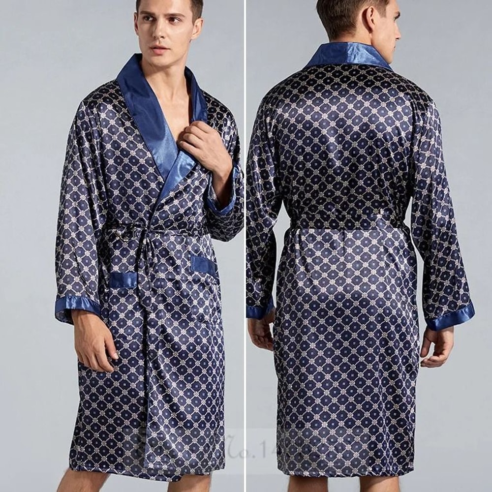Plus Size Mens Navy Blue Stripe Kimono Summer Satin Bathrobe Luxury Home Lounge Wear 3