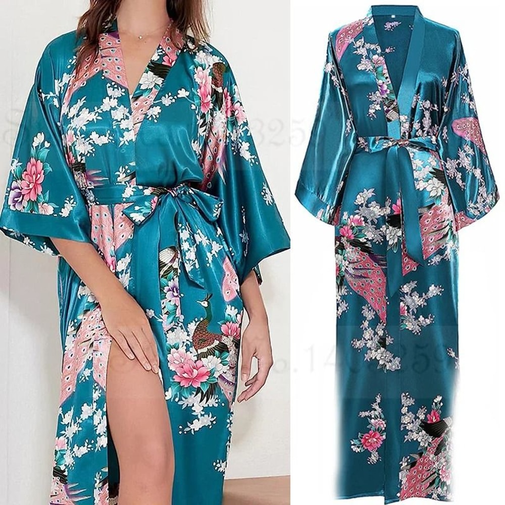 Large Size Peacock Print Kimono Bathrobe Elegant Flower Satin Long Robe Loose Loungewear Nightgow 0