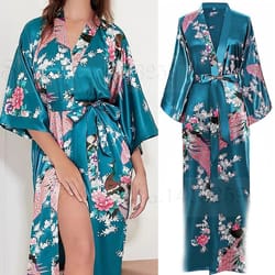 large size peacock print kimono bathrobe – elegant flower satin long robe & loose loungewear nightgown