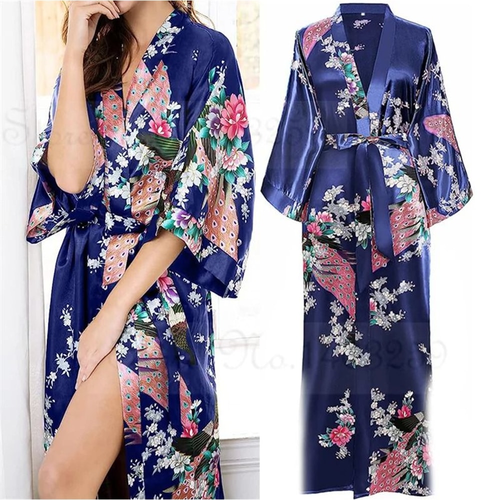 Large Size Peacock Print Kimono Bathrobe Elegant Flower Satin Long Robe Loose Loungewear Nightgow 1