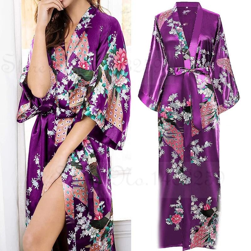 Large Size Peacock Print Kimono Bathrobe Elegant Flower Satin Long Robe Loose Loungewear Nightgow 2