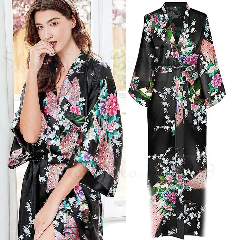 Large Size Peacock Print Kimono Bathrobe Elegant Flower Satin Long Robe Loose Loungewear Nightgow 3