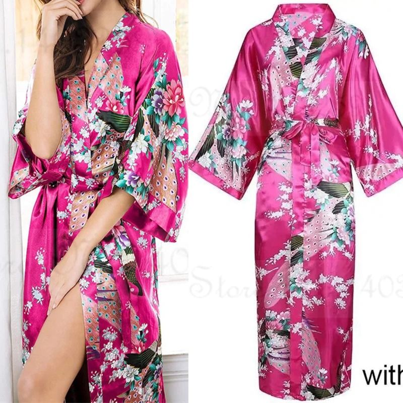 Large Size Peacock Print Kimono Bathrobe Elegant Flower Satin Long Robe Loose Loungewear Nightgow 4