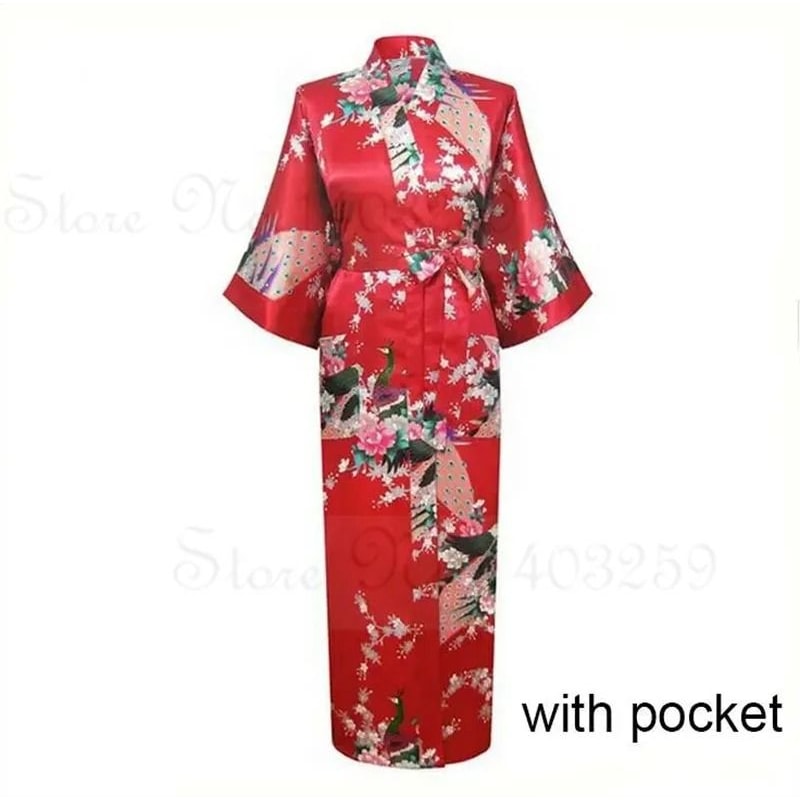 Large Size Peacock Print Kimono Bathrobe Elegant Flower Satin Long Robe Loose Loungewear Nightgow 6
