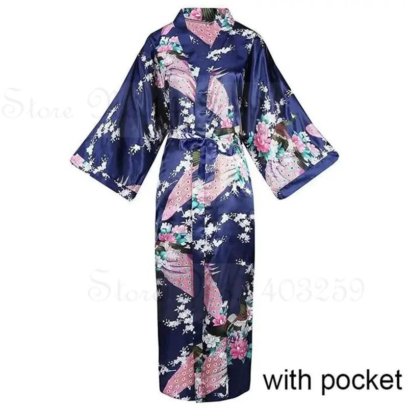 Large Size Peacock Print Kimono Bathrobe Elegant Flower Satin Long Robe Loose Loungewear Nightgow 10