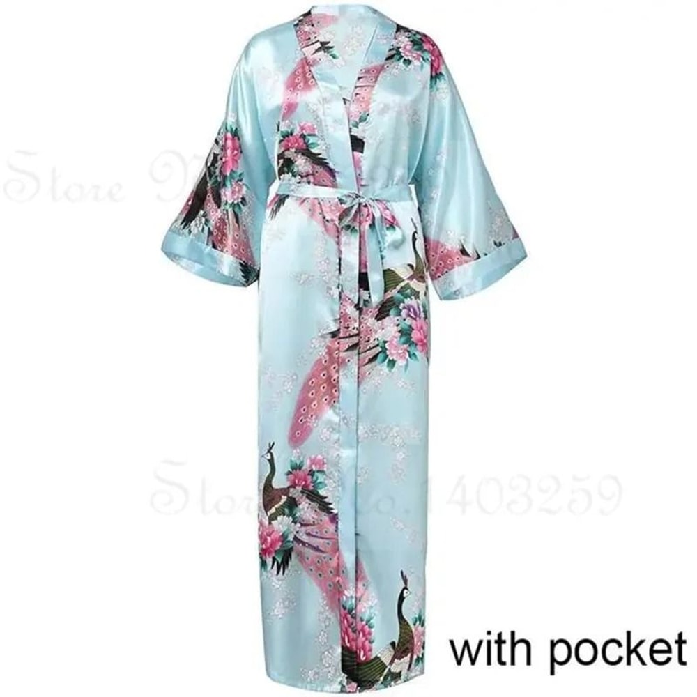 Large Size Peacock Print Kimono Bathrobe Elegant Flower Satin Long Robe Loose Loungewear Nightgow 11