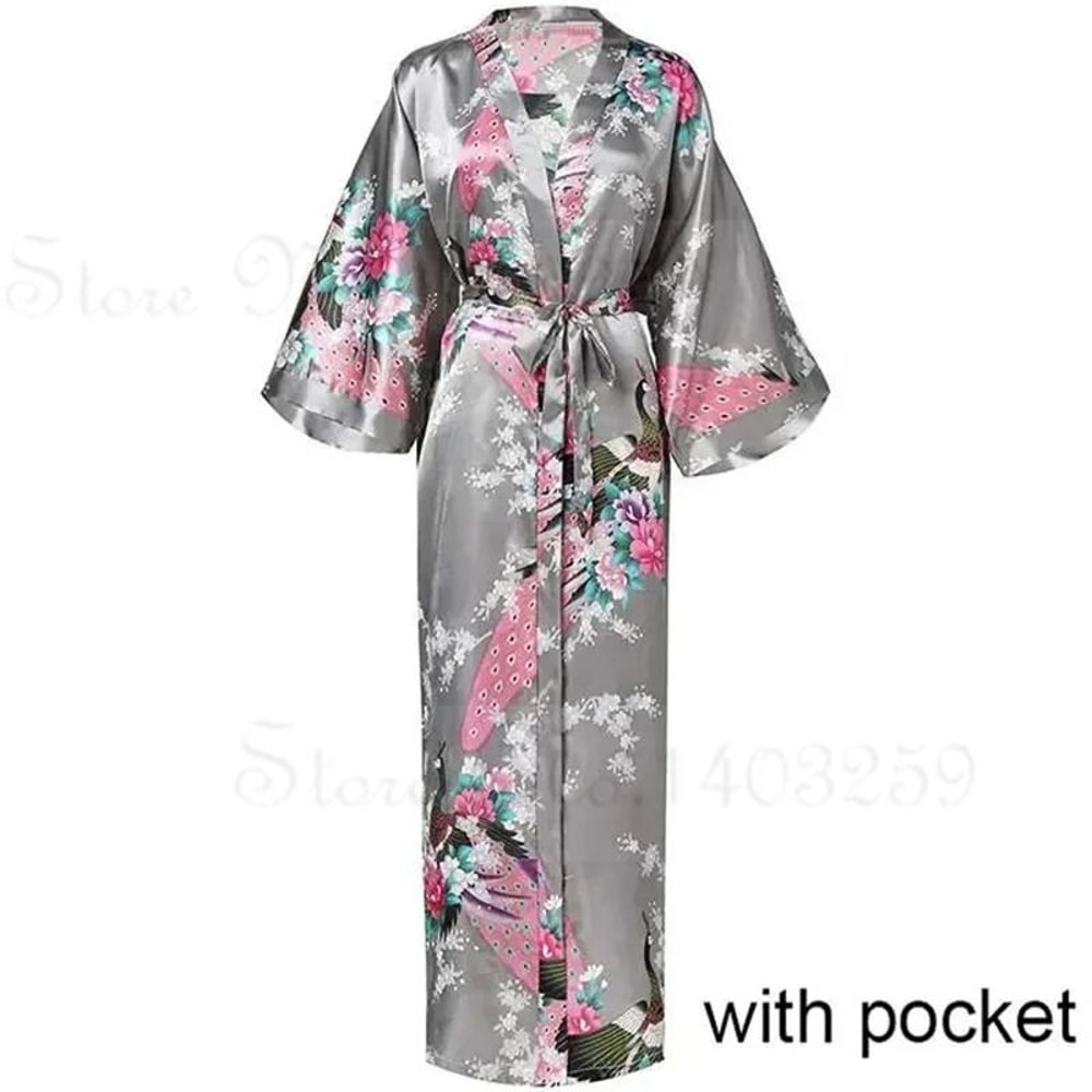 Large Size Peacock Print Kimono Bathrobe Elegant Flower Satin Long Robe Loose Loungewear Nightgow 12