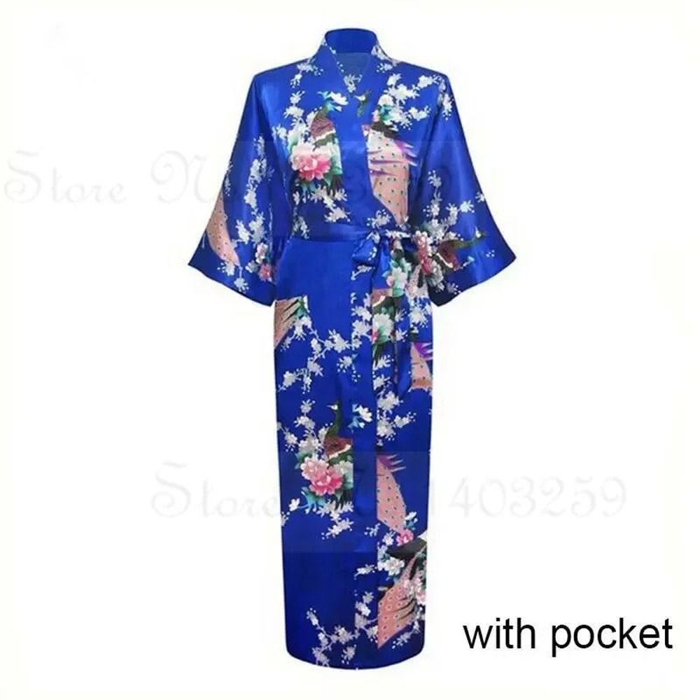 Large Size Peacock Print Kimono Bathrobe Elegant Flower Satin Long Robe Loose Loungewear Nightgow 18