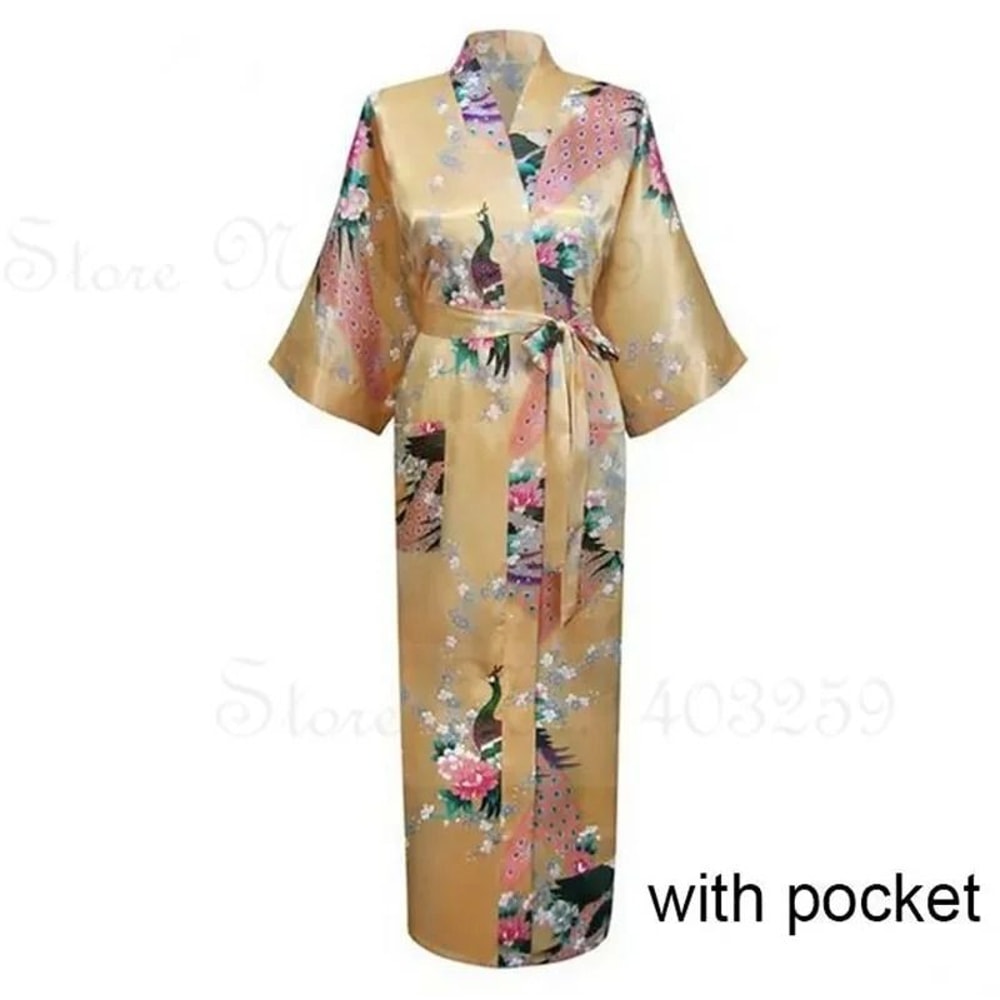 Large Size Peacock Print Kimono Bathrobe Elegant Flower Satin Long Robe Loose Loungewear Nightgow 19