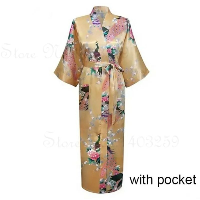 Large Size Peacock Print Kimono Bathrobe Elegant Flower Satin Long Robe Loose Loungewear Nightgow 19