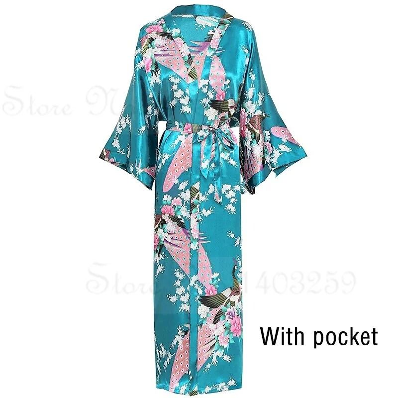 Large Size Peacock Print Kimono Bathrobe Elegant Flower Satin Long Robe Loose Loungewear Nightgow 7