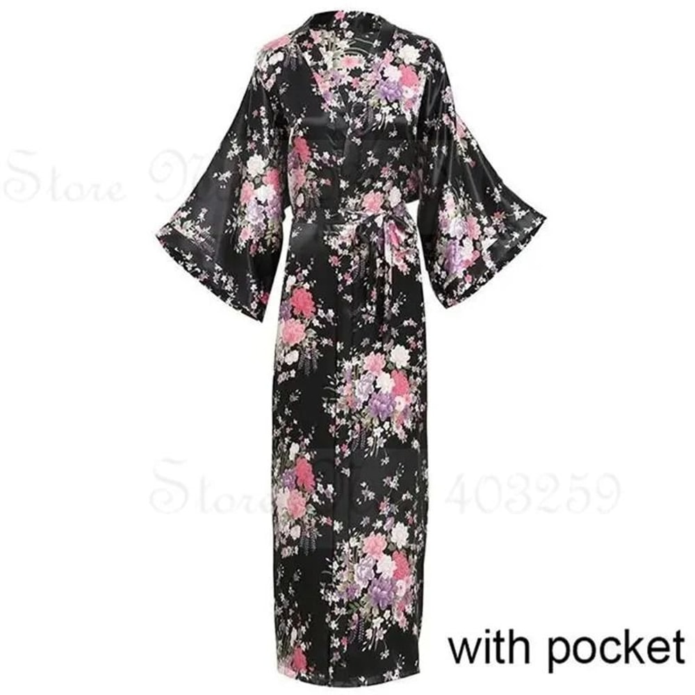 Large Size Peacock Print Kimono Bathrobe Elegant Flower Satin Long Robe Loose Loungewear Nightgow 22