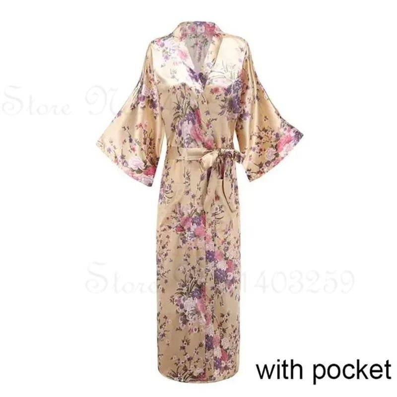 Large Size Peacock Print Kimono Bathrobe Elegant Flower Satin Long Robe Loose Loungewear Nightgow 23