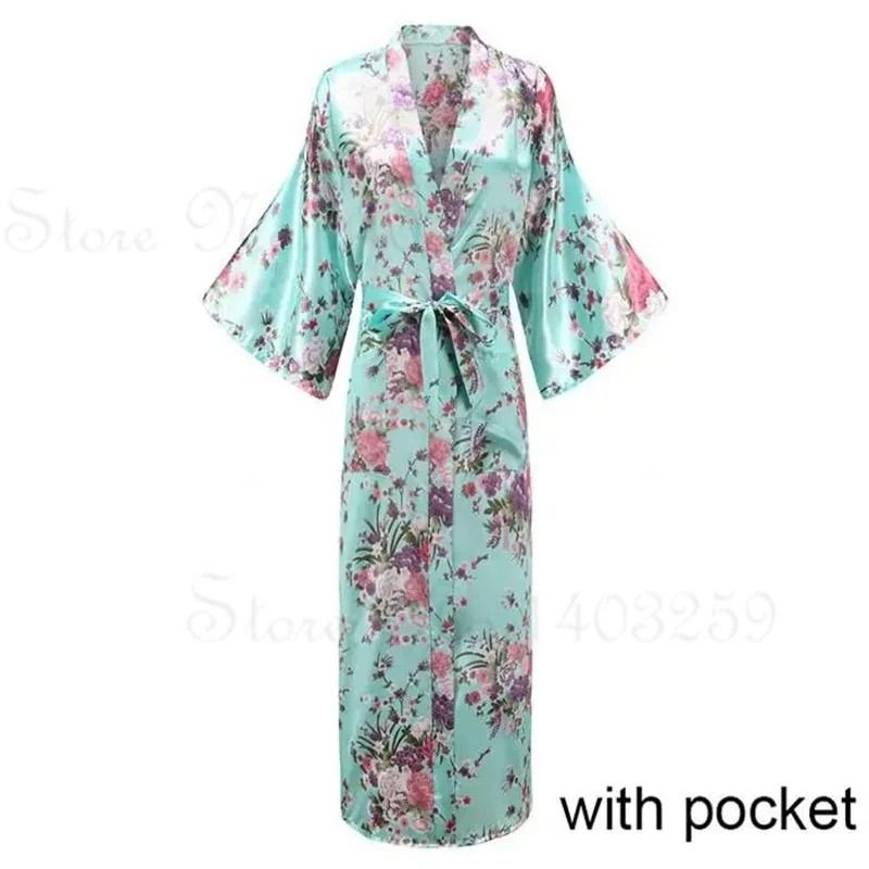 Large Size Peacock Print Kimono Bathrobe Elegant Flower Satin Long Robe Loose Loungewear Nightgow 25