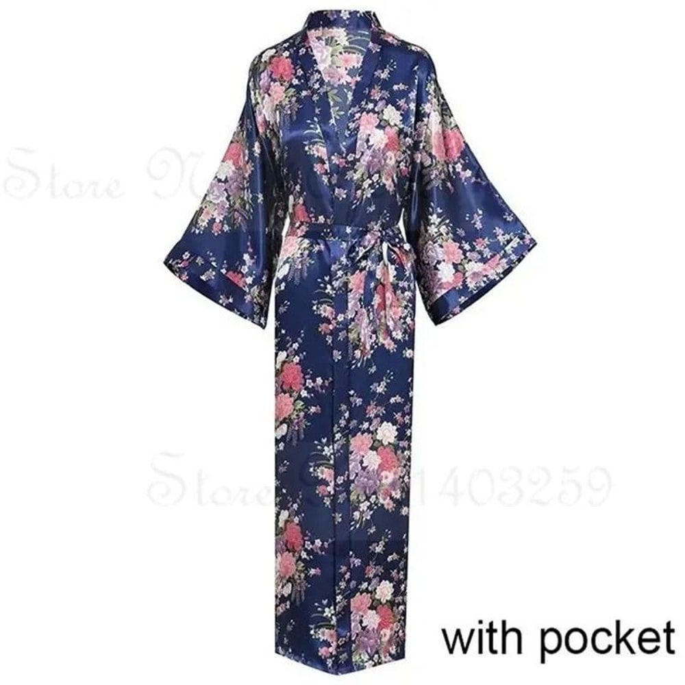 Large Size Peacock Print Kimono Bathrobe Elegant Flower Satin Long Robe Loose Loungewear Nightgow 28