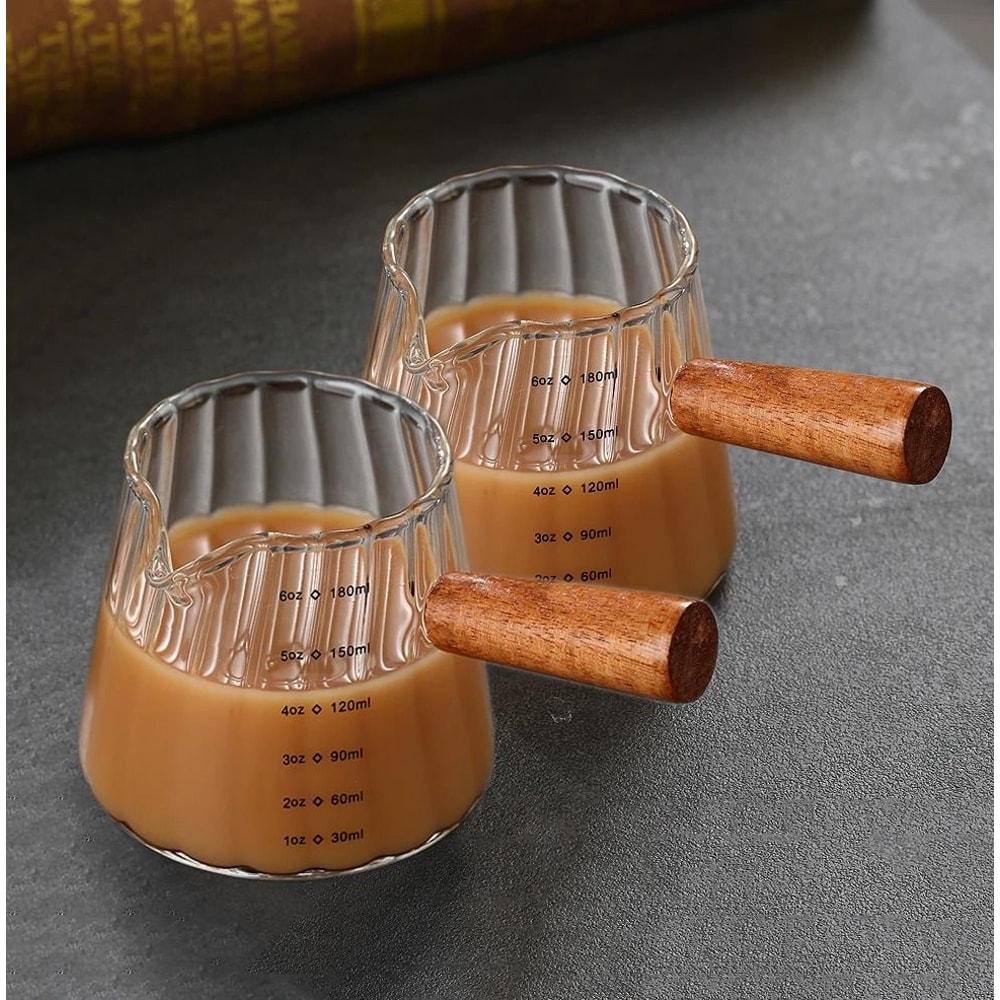 Vertical Grain Espresso Measuring Cup 180ml Borosilicate Glass Extraction Mug With Wood Handle 9