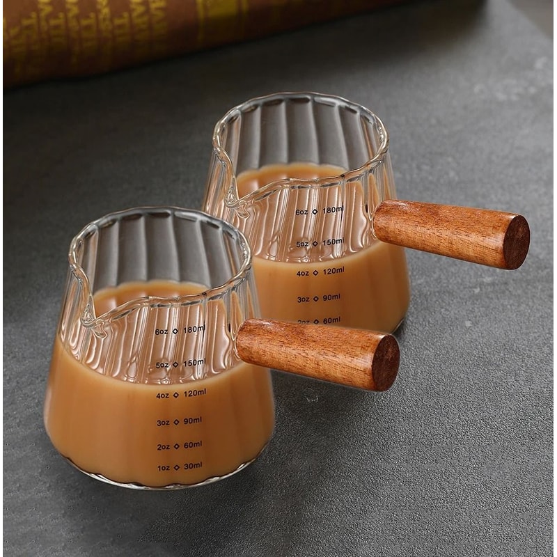 Vertical Grain Espresso Measuring Cup 180ml Borosilicate Glass Extraction Mug With Wood Handle 9