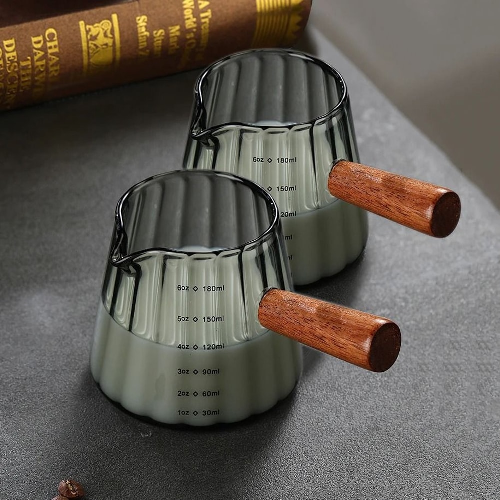 Vertical Grain Espresso Measuring Cup 180ml Borosilicate Glass Extraction Mug With Wood Handle 10