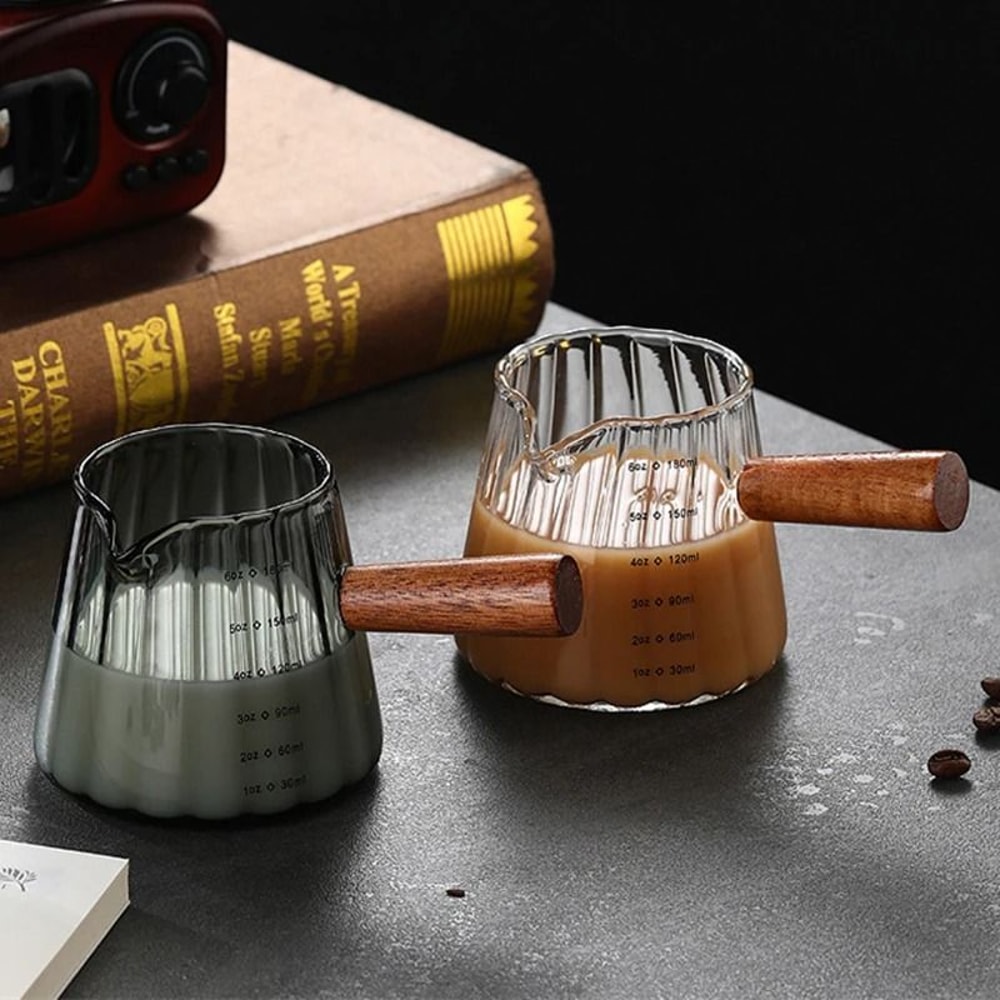 Vertical Grain Espresso Measuring Cup 180ml Borosilicate Glass Extraction Mug With Wood Handle 6