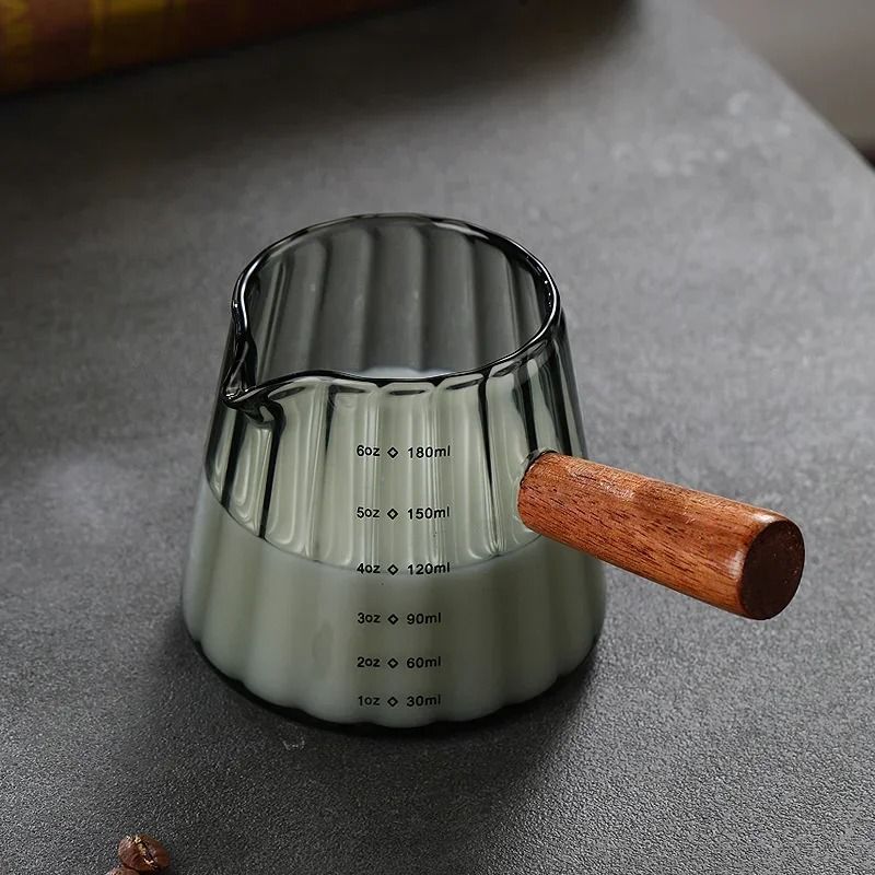 Vertical Grain Espresso Measuring Cup 180ml Borosilicate Glass Extraction Mug With Wood Handle 8