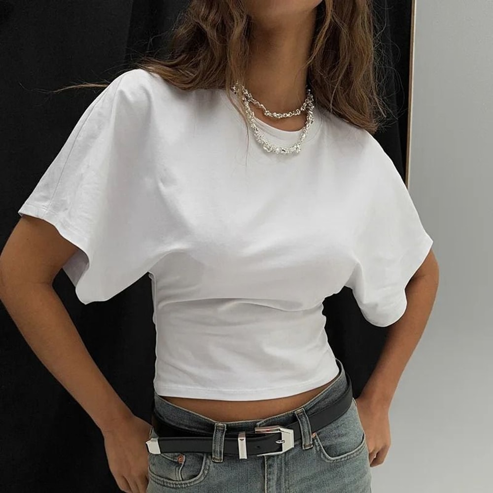 Premium Pure Cotton Crew Neck Pullover Womens LooseFit WaistDefining Cropped Top With Exposed Nave 4