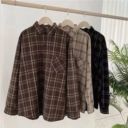 retro autumn/winter plaid shirt – professional korean fashion loose-fit versatile long sleeve top
